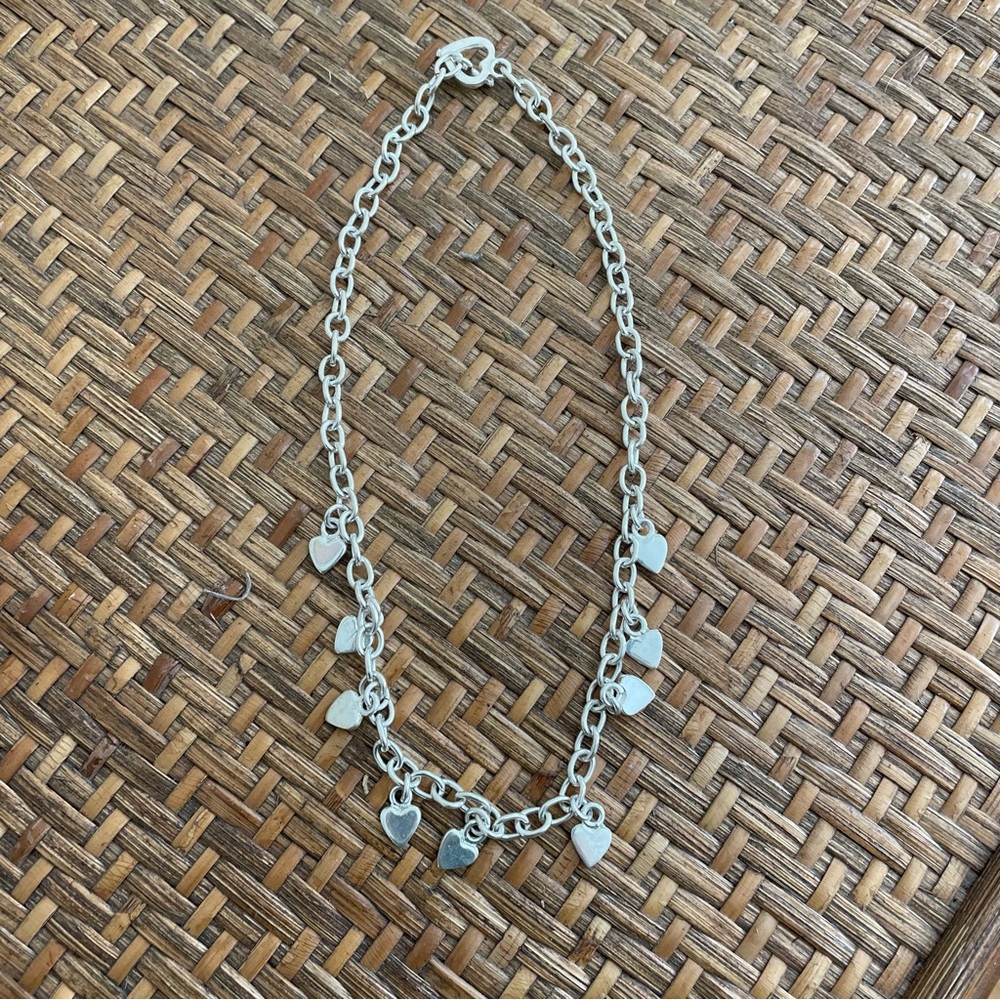 Sterling Silver Rolo Link Necklace Nine Drop Heart Charm Dangle Design